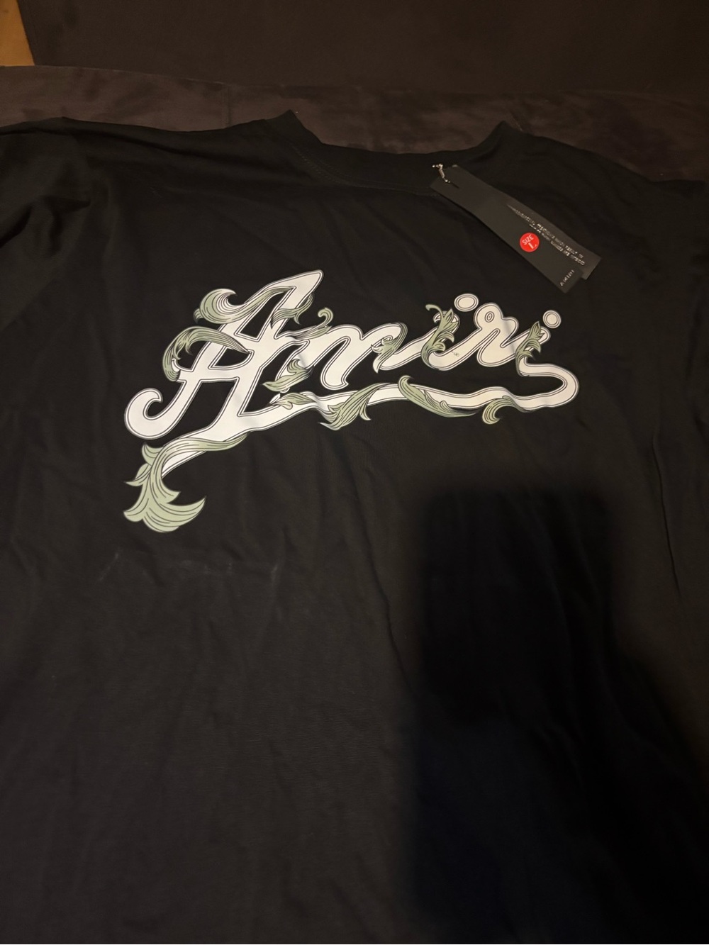 AMIRI Black Short-Sleeve Tee with White and Light Green Script Logo